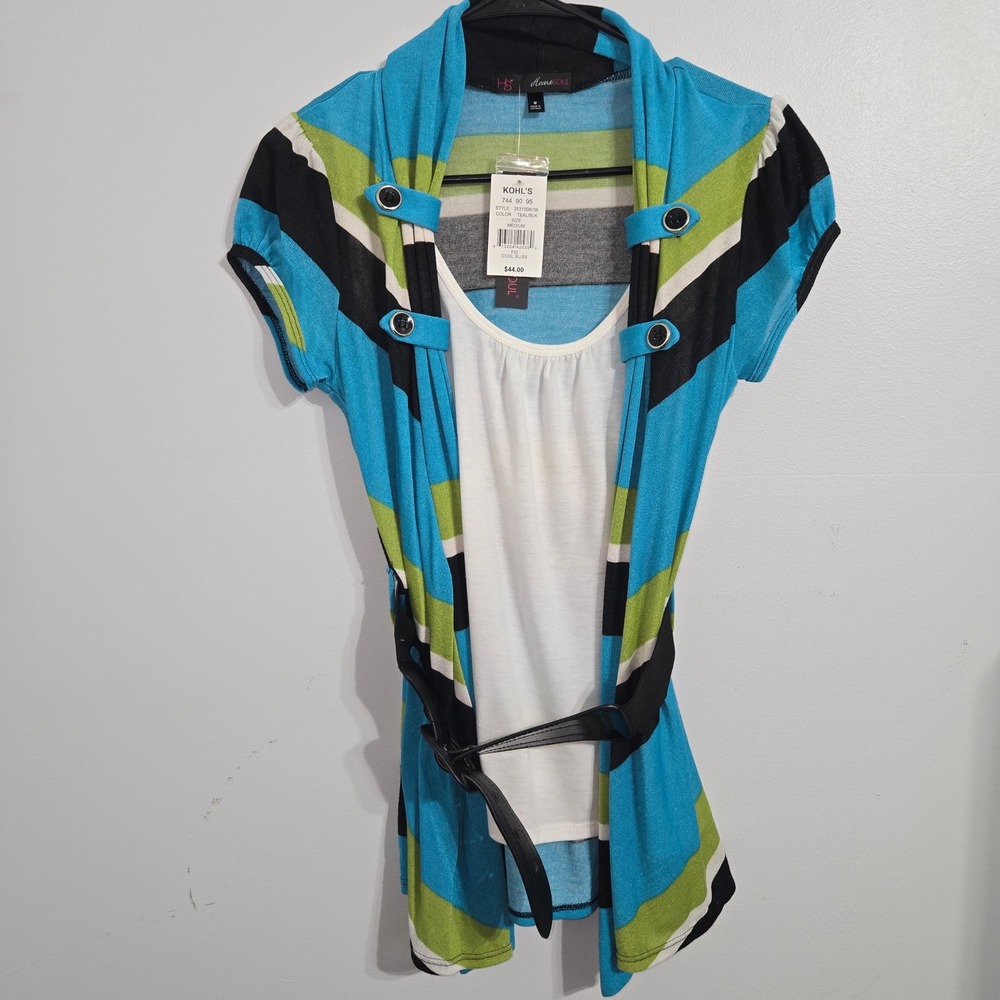 S#54 HeartSoul Women's Striped Tank Top‎ Cardigan Belted Medium Teal Black Green